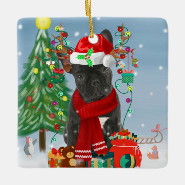 Fransk Bulldog i Snö med julgåvor Julgransprydnad Keramik (Framsida)
