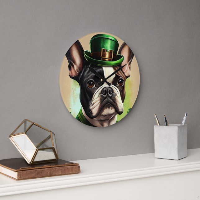 Fransk Bulldog i St. Patrick's Day-dräkt Stor Klocka (Kontor)