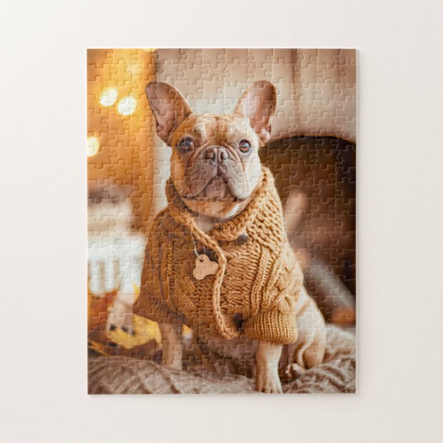 Fransk Bulldog i stickad hunddräkt Pussel (Vertikal)