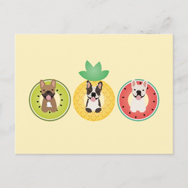Fransk Bulldog in Fruit Bassäng Flyter Vykort (Framsida)