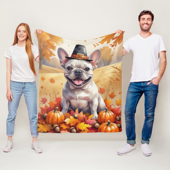 Fransk Bulldog in Höst löv Thanksgiving Art Fleecefilt (På plats)