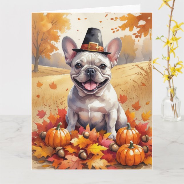 Fransk Bulldog in Höst löv Thanksgiving Art Kort (Gul blomma)