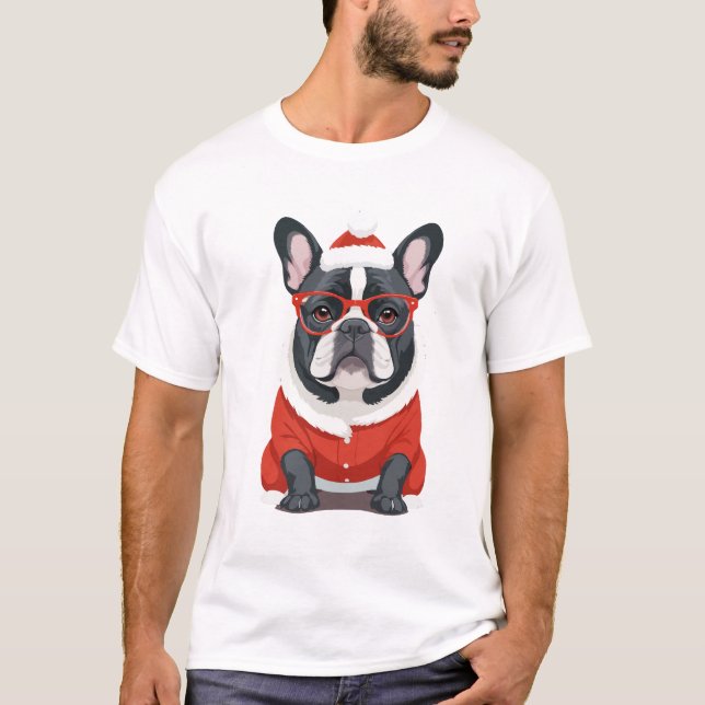 Fransk Bulldog in Santa Costume Adsible Funny Art T Shirt (Framsida)