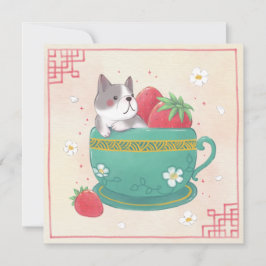 Fransk Bulldog, jordgubbar och Kopp Illustration Julkort