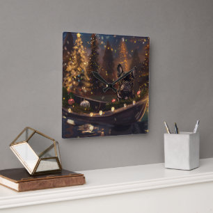 Fransk Bulldog Jul Festive Voyage Fyrkantig Klocka