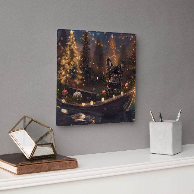 Fransk Bulldog Jul Festive Voyage Fyrkantig Klocka (Kontor)