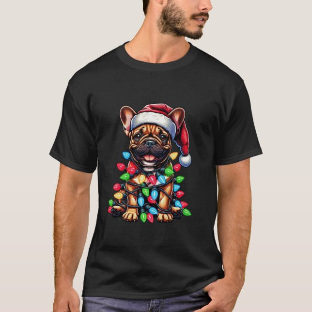 Fransk Bulldog Jul Funny Santa Hat Ljus Do T Shirt (Framsida)
