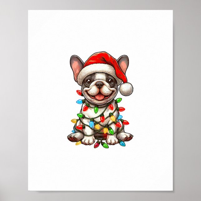 Fransk Bulldog jul Ljus Santa Hat Boys Gir Poster (Framsidan)