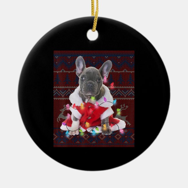 Fransk Bulldog jul Ljus Ugly Sweater Hund Julgransprydnad Keramik (Framsidan)