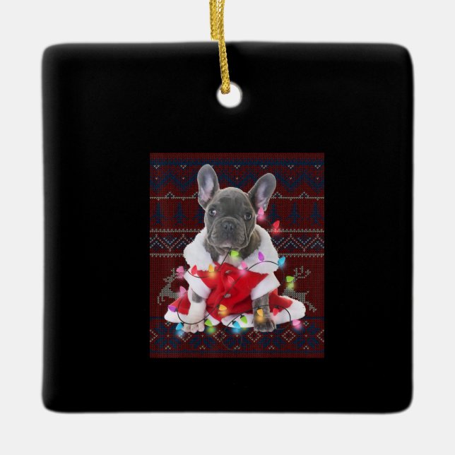 Fransk Bulldog jul Ljus Ugly Sweater Hund Julgransprydnad Keramik (Framsida)
