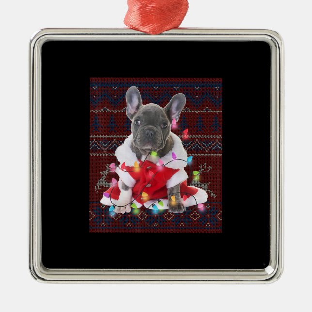 Fransk Bulldog jul Ljus Ugly Sweater Hund Julgransprydnad Metall (Framsidan)