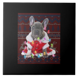 Fransk Bulldog jul Ljus Ugly Sweater Hund Kakelplatta