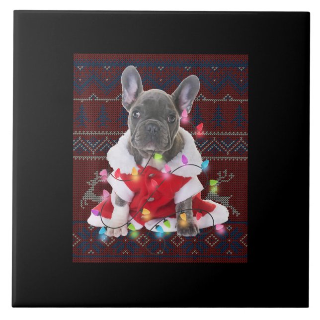 Fransk Bulldog jul Ljus Ugly Sweater Hund Kakelplatta (Framsidan)
