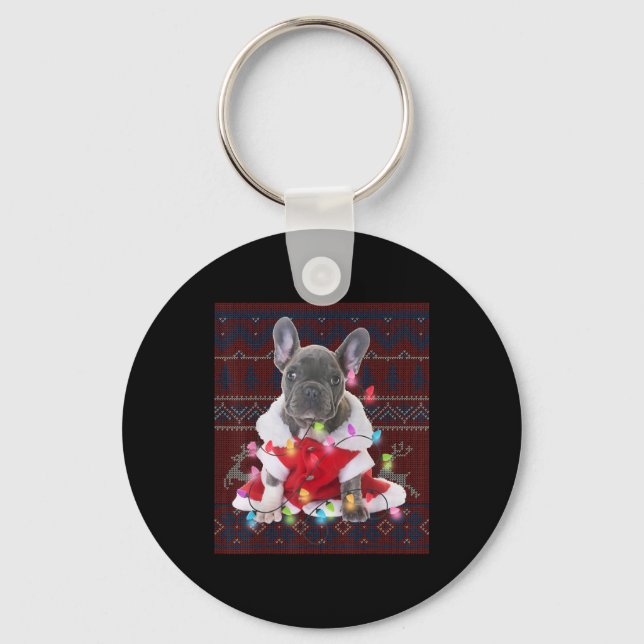 Fransk Bulldog jul Ljus Ugly Sweater Hund Nyckelring (Framsida)