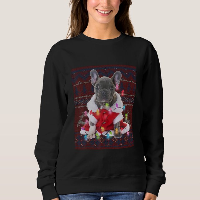 Fransk Bulldog jul Ljus Ugly Sweater Hund T Shirt (Framsida)