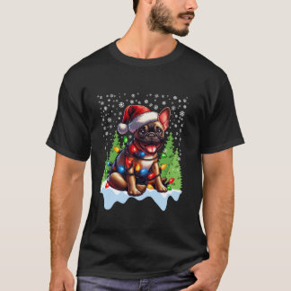 Fransk Bulldog jul Santa Hat Ljus Träd Sno T Shirt