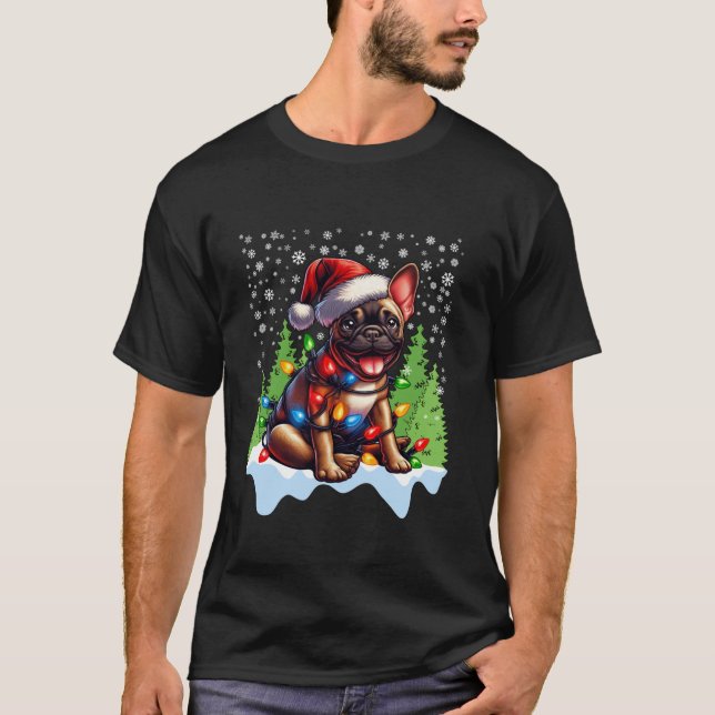 Fransk Bulldog jul Santa Hat Ljus Träd Sno T Shirt (Framsida)