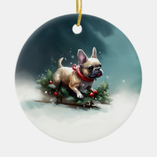 Fransk Bulldog Jul snö vinter Julgransprydnad Keramik