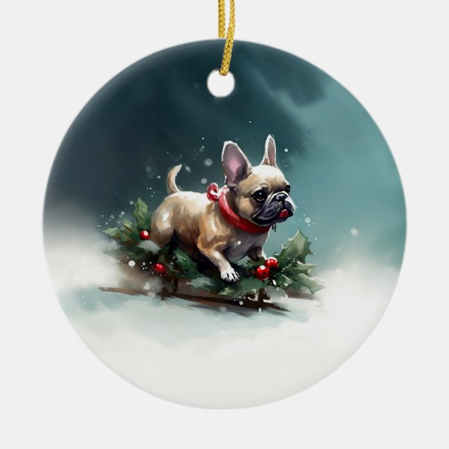 Fransk Bulldog Jul snö vinter Julgransprydnad Keramik (Framsidan)