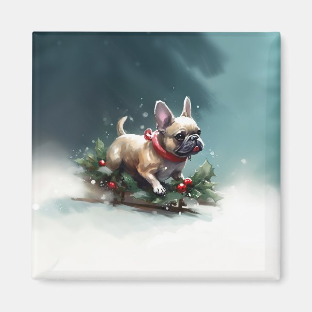 Fransk Bulldog jul snö vinter Magnet (Framsidan)