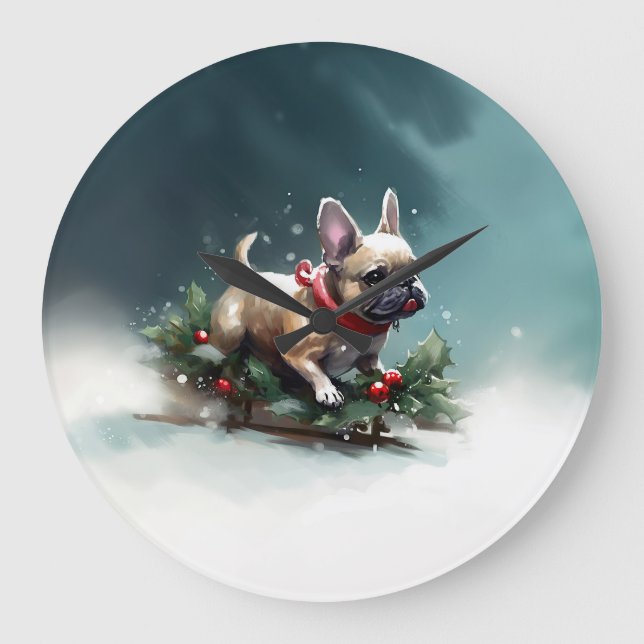 Fransk Bulldog Jul snö vinter Stor Klocka (Framsida)