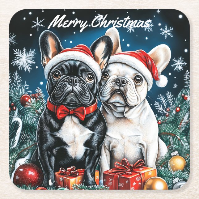 Fransk Bulldog jul Underlägg Papper Kvadrat (Framsidan)