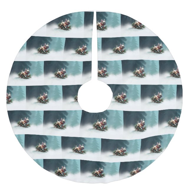 Fransk Bulldog-julen snö vintertid Julgransmatta Borstad Polyester (Framsidan)