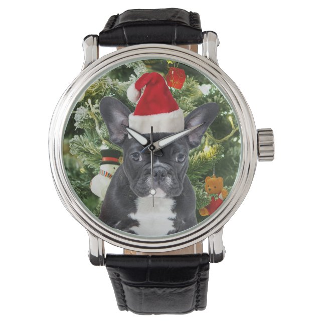 Fransk Bulldog Julgran Ornaments Snögubbe Armbandsur (Framsida)