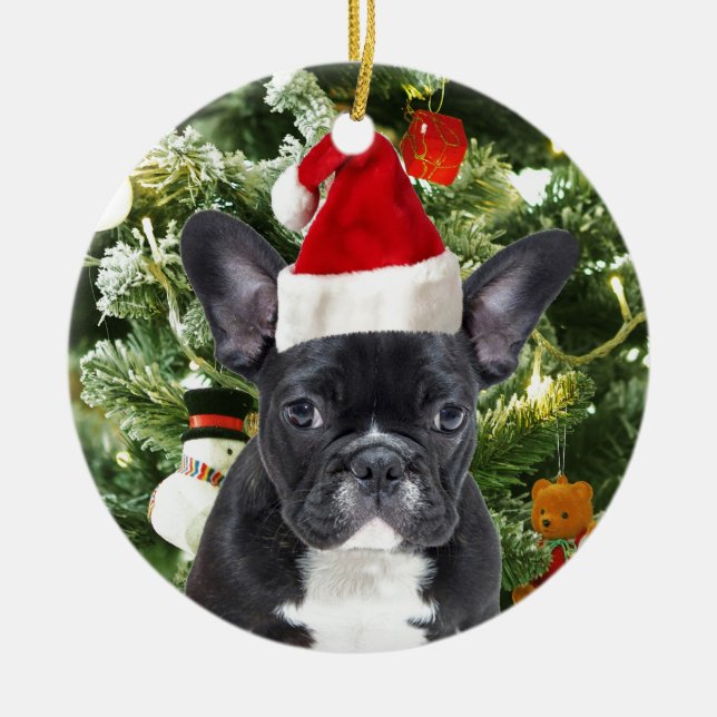 Fransk Bulldog Julgran Ornaments Snögubbe Julgransprydnad Keramik (Framsidan)