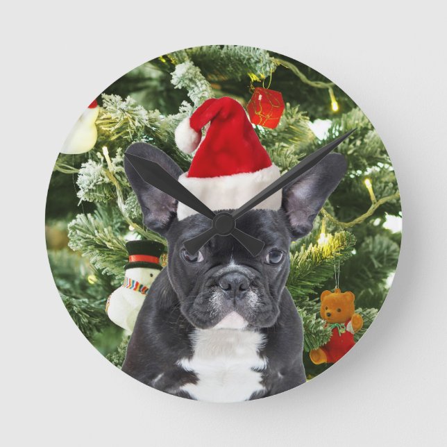 Fransk Bulldog Julgran Ornaments Snögubbe Rund Klocka (Framsida)