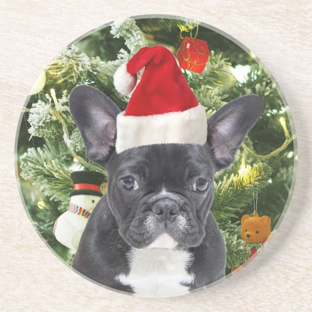 Fransk Bulldog Julgran Ornaments Snögubbe Underlägg Sandsten (Framsidan)