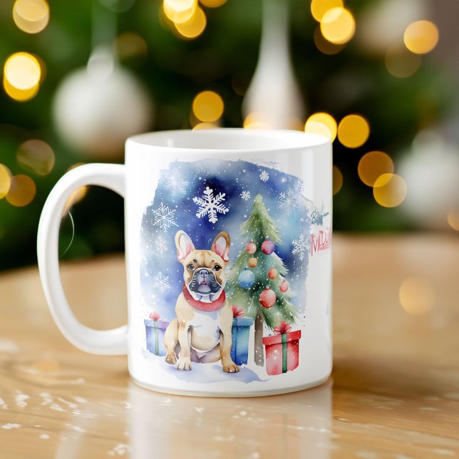 Fransk Bulldog-julhälsningar för hund Kaffemugg (French bulldog Christmas gift personalized mug with cute French bulldog puppy watercolor dog lovers)