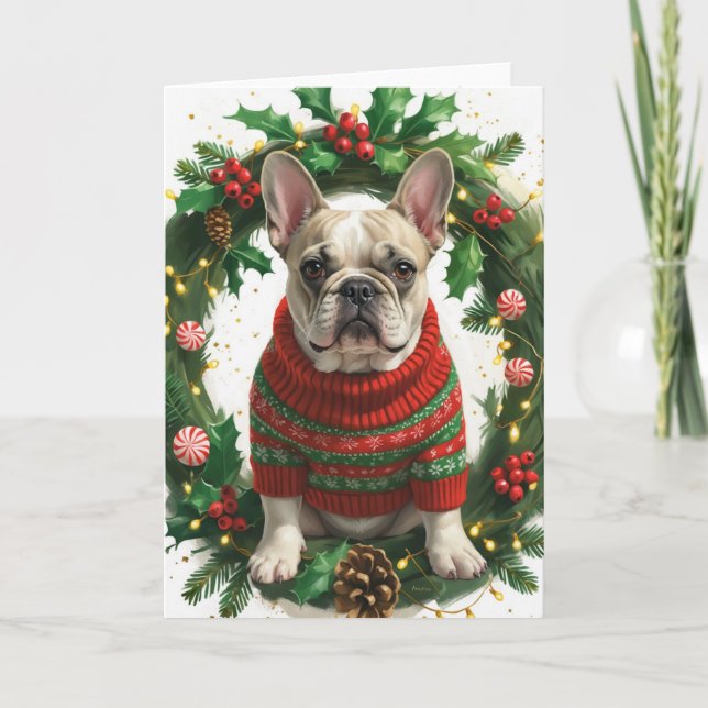 Fransk Bulldog Julkrans Julkonst Kort (Framsida)