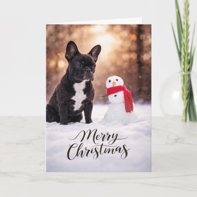 Fransk Bulldog Julsnöman Helgkort (Framsida)