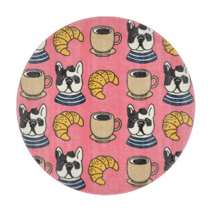Fransk bulldog, kaffe, kroissant tema.