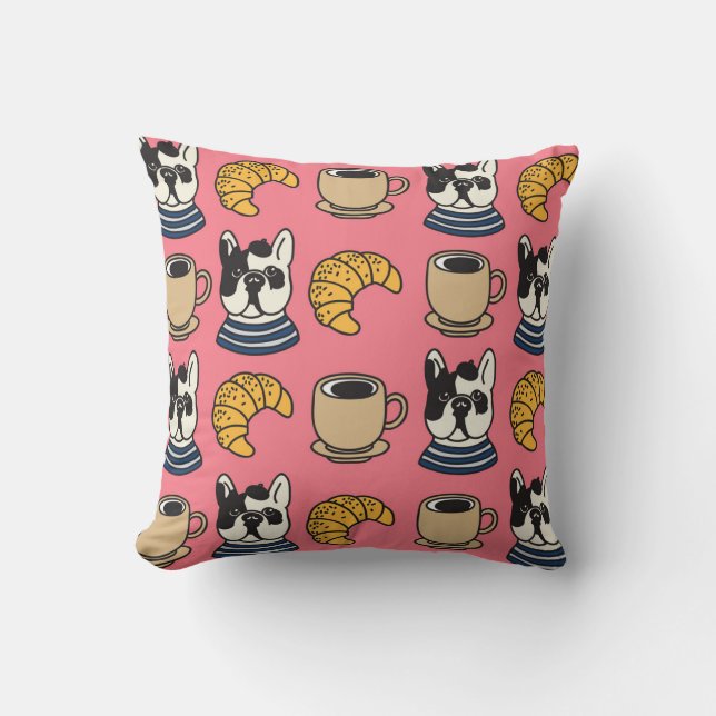 Fransk bulldog, kaffe, kroissant tema. kudde (Framsida)