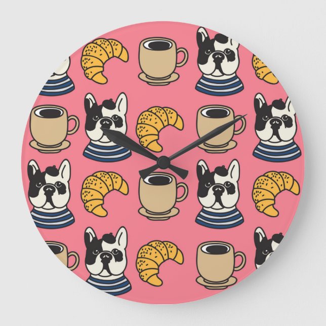 Fransk bulldog, kaffe, kroissant tema. stor klocka (Framsida)