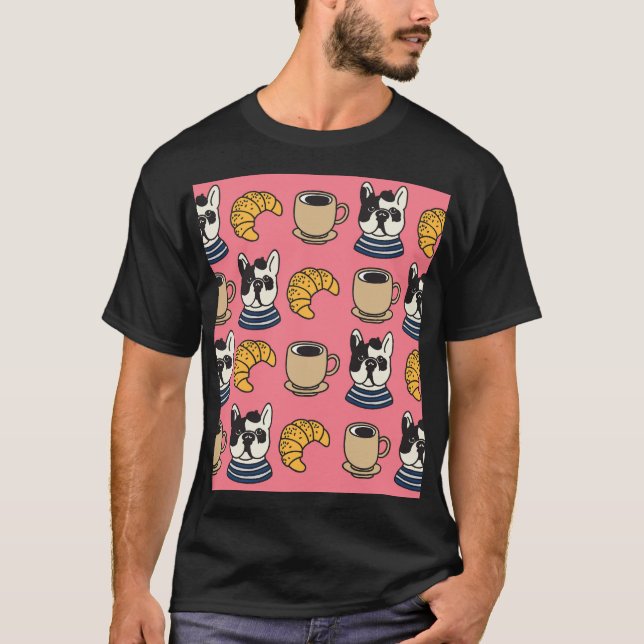Fransk bulldog, kaffe, kroissant tema. t shirt (Framsida)