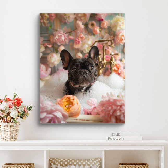 Fransk Bulldog Konst | Frenchie i Badrum Badtub Canvastryck (Black French Bulldog Art)