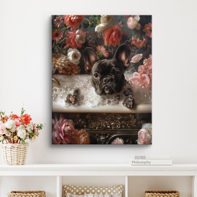 Fransk Bulldog Konst | Frenchie i Badrum Badtub Canvastryck (Chocolate Frenchie Art)