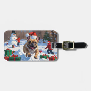 Fransk Bulldog Kör i Snö med Julhatt Bagagebricka