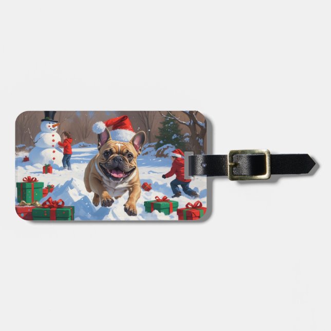 Fransk Bulldog Kör i Snö med Julhatt Bagagebricka (Horisontell Framsida)