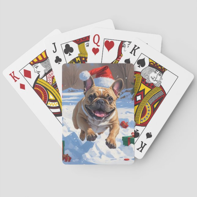 Fransk Bulldog Kör i Snö med Julhatt Casinokort (Baksidan)
