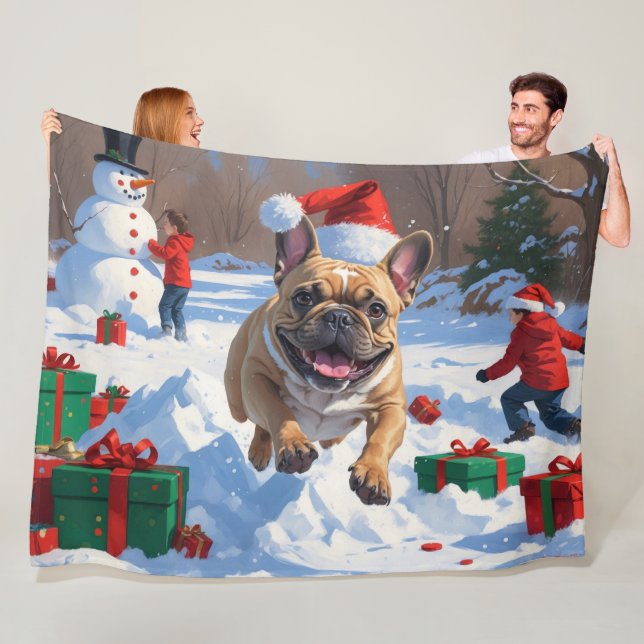 Fransk Bulldog Kör i Snö med Julhatt Fleecefilt (På plats)