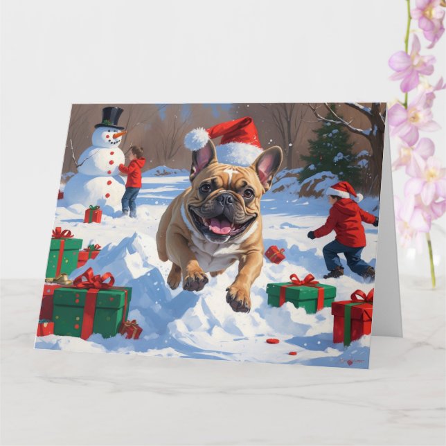 Fransk Bulldog Kör i Snö med Julhatt Kort (Orkide)