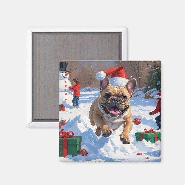 Fransk Bulldog Kör i Snö med Julhatt Magnet (Front/Back)