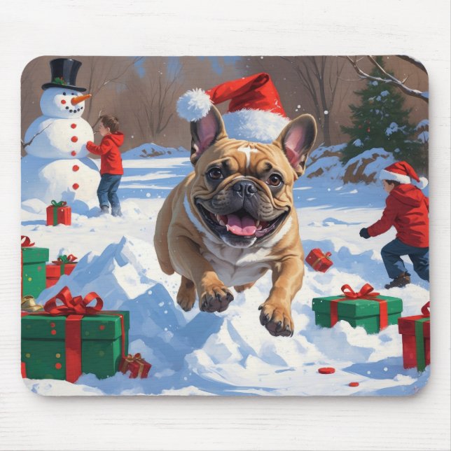 Fransk Bulldog Kör i Snö med Julhatt Musmatta (Framsidan)