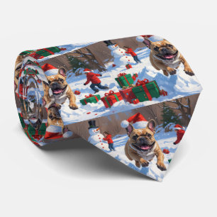 Fransk Bulldog Kör i Snö med Julhatt Slips