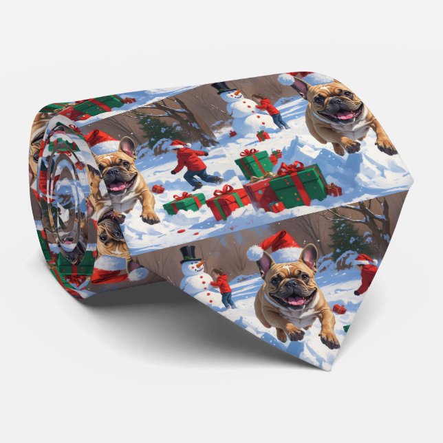 Fransk Bulldog Kör i Snö med Julhatt Slips (Rullad)