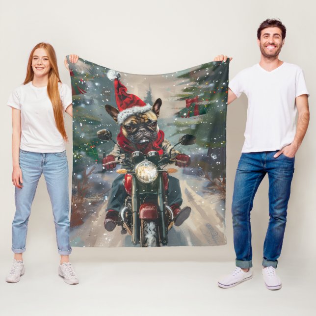 Fransk Bulldog Kör Motorcykel Jul Fleecefilt (På plats)